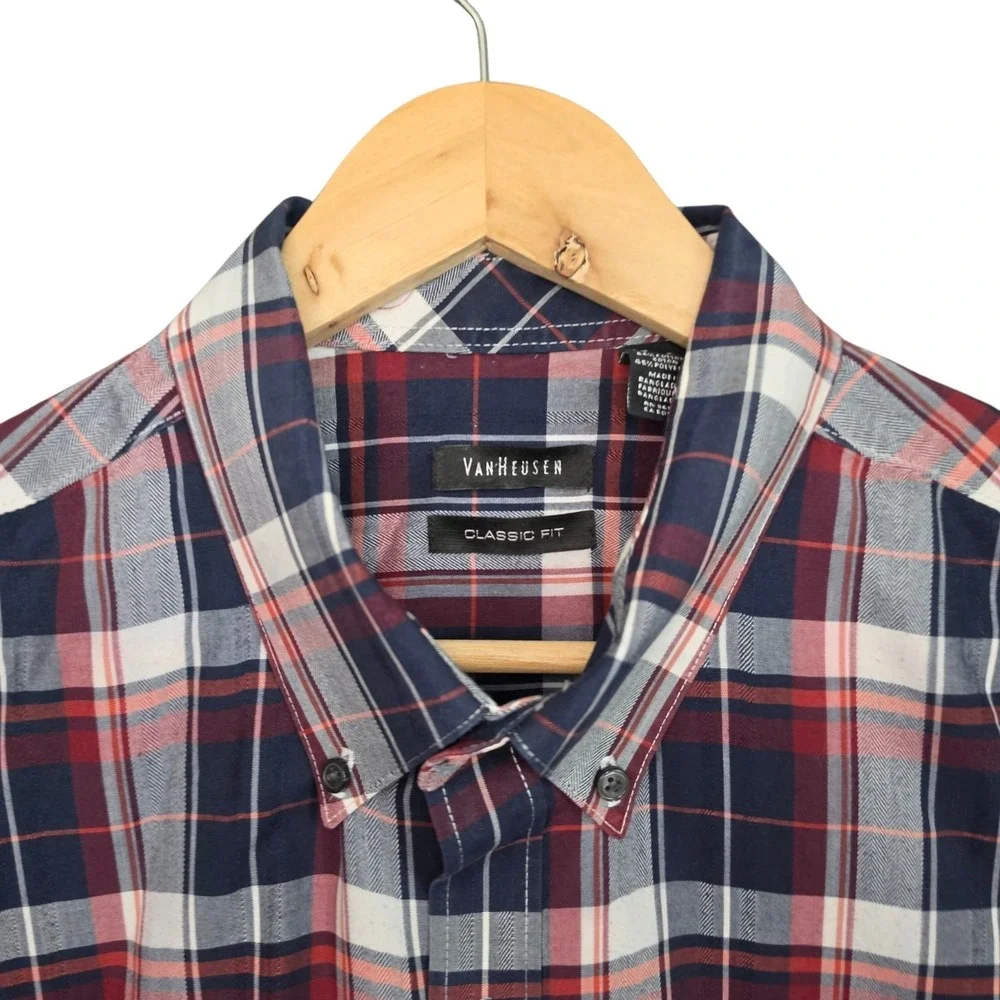 Van Heusen Dress Shirt Mens 18-18.5 XXL 2XL Blue Plaid Button Classic Fit Career